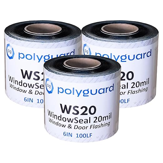 POLYGUARD WindowSeal Window and Door Flashing Tape, 6 in x 100 ft Roll, 20 mil Thick, Self-Sealing & Self-Adhering Waterproof Barrier, Pack of 3