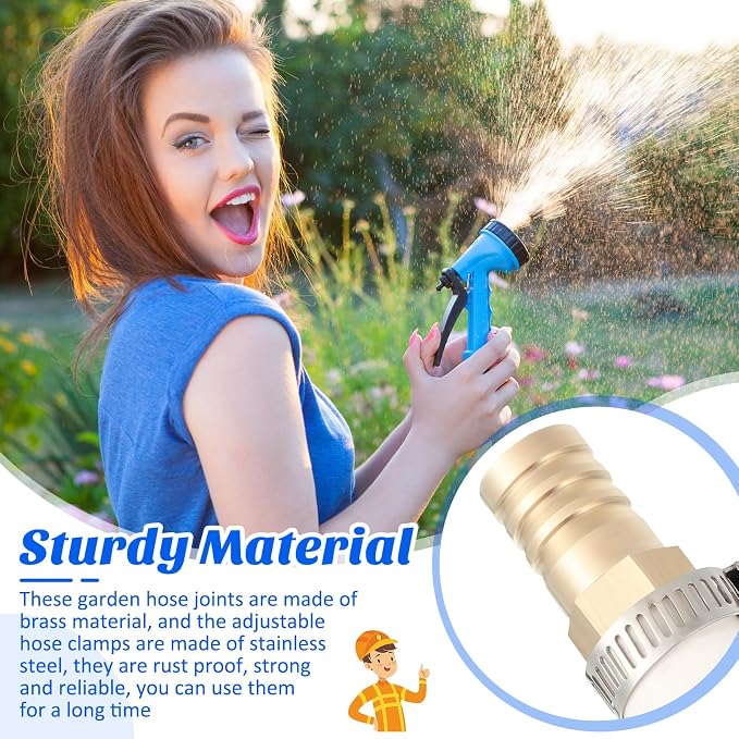 Zhengmy 12 Pcs 3/8-1/2 Inch Hose Repair Kit Brass Barb Fitting Garden Water Hose Repair Connectors with Claps Fiting with 8 Pcs Stainless Steel Pipe Clamp for Fuel Air