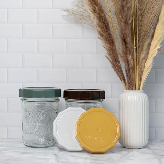 Jarware Multicolor Mason Jar Lids, Set of 4 Wide Mouth Plastic Lids for Mason Jars, White, Black, Brown & Green