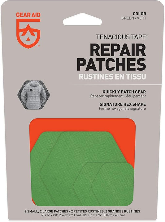 GEAR AID Tenacious Tape Hex – 2.5” & 1.5” Repair Patches (8 Patches: Four 2.5” & Four 1.5”, Green) – Peel-and-Stick Outdoor Nylon Fabric to Fix Holes and Burns in Down Jackets, Rain Gear and Tents