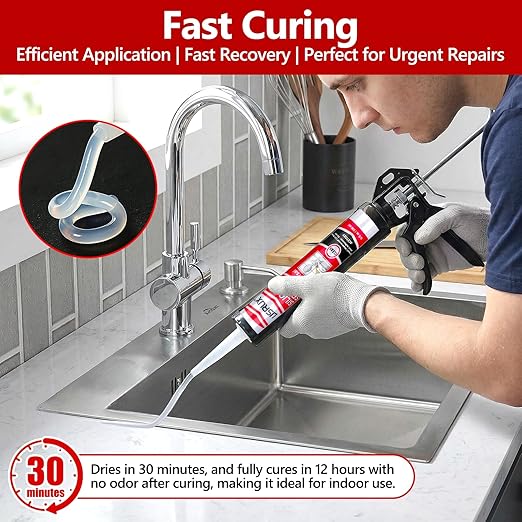 LISRUX Advanced Clear Silicone Caulk for Kitchen & Bathroom,10 fl oz Cartridge,12 Pack,100% Waterproof RTV Silicone Sealant,Stronger Adhesion,Shrink & Crack Proof