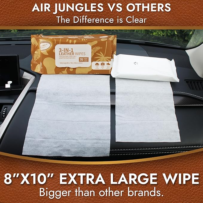 Air Jungles 3in1 Leather Cleaner Wipes 70 Count (3 Pack), XL 8x10 Inch | Clean, Condition, Protect Wipes For Vinyl & Leather Apparel, Furniture, Auto Car Interior, Shoes, Boots, Bags