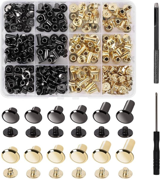 Leather Rivets, AIIQESBT 110 Pcs Chicago Screws with 2 Pcs Tool Set, Chicago Screw Rivets Assorted Kit for Decorate & Repair Leather Crafting, Bookbinding, Custom-Made Items (Gunmetal Black & Gold)