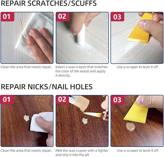 Kenbry Wood Filler Sticks 3 Colors White Wax Fill Stick, Wood Repair Kit for Scratches, Crack, Scuffs, Gouges on Wooden Funiture, Floors, Cabinets, Tables, and Doors-Rub Briskly Repair