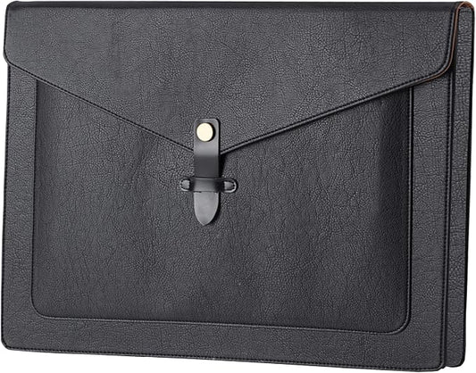 Black PU Leather Thick File Folder, Snap Closure File Organizer, Thickened Important Document Folder with Pockets, Document Organizer, Laptop Sleeve Notebook Case, A4 Envelopes Filing Folder