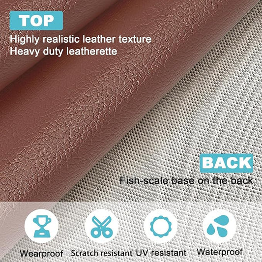 Brown Faux Leather Fabric 19"x54" – Waterproof Lychee Grain Vinyl Fabric with Mesh Backing for Upholstery, Sewing, Handbags, Furniture Repair & DIY Crafts