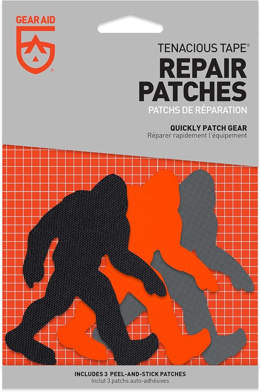 GEAR AID Tenacious Tape Repair Patches – Peel-and-Stick Nylon Gear Patches for Jackets, Tents, Sleeping Bags, Backpacks, and Outdoor Gear – Fix Rips, Tears, and Holes,3 Patches, Sasquatch