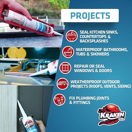 Kraken Bond Gray Silicone Sealant Waterproof% 100-10 fl oz Cartridge - RTV Silicone Caulk Kitchen and Bathroom, All Purpose, Window Caulking Sealant Outdoor, RV, Exterior Use Silicon - 1 Pack
