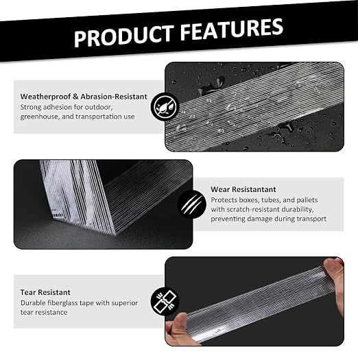 3 Pack Transparent Reinforced Fiberglass Tape – 2 Inch x 30 Yards, 5.5 Mil Filament Strapping Tape, Adhesive Heavy Duty