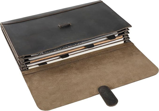 Genuine Leather File Folder, Accordian File Organizer, Leather Document Holder Resume Folio for Men & Women-Grey-Custom