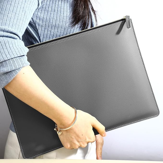 PU Leather A4 File Folder Zipper Document Holder Envelope Folder Case for Receipt Contract (Gray)