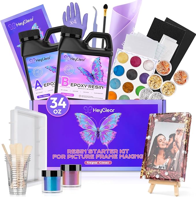 HeyClear Epoxy Resin Picture Frame Silicone Mold Kit -34 oz Super Clear and Hard Resina Complete Craft Accessories and Supplies Set for Casting Art, DIY Photo Gifts