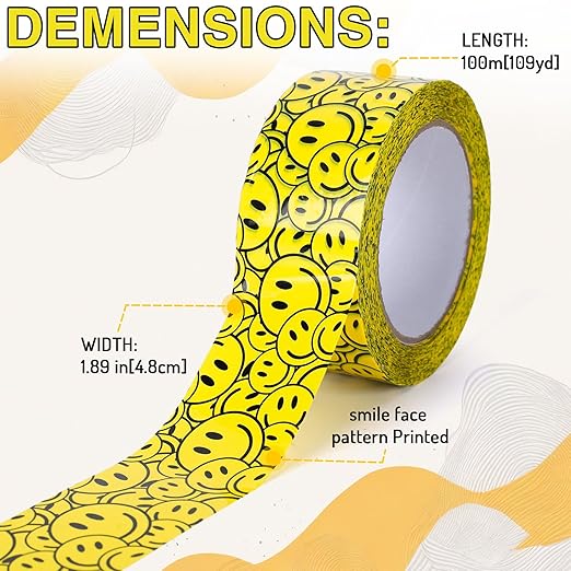Whaline 109Yard Smile Face Packing Tapes Waterproof Cute Cartoon Shipping Tape Sticky Decorative Gift Wrapping Tape for Small Business DIY Crafts Box