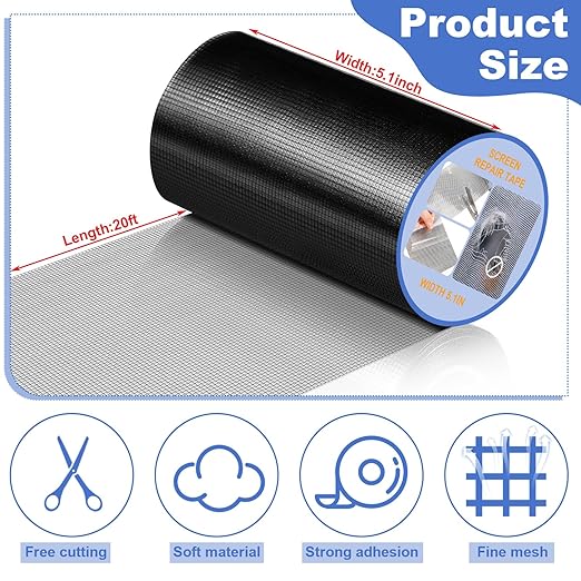 CroBlissful Extra Wide 5 inch x 20 ft Window Screen Tape Mesh Repair Strong Adhesive Waterproof Fiberglass Screen Repair Kit Patch for Window Door Tears Holes(Black)