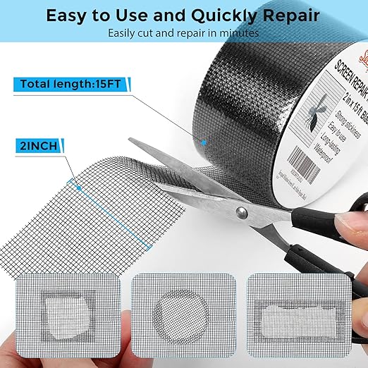 Secopad Black Window Screen Repair Tape, 2 in X 15 FT (180IN) Screen Repair Kit for Windows or Doors, Strong Adhesive Screen Patch Fiberglass Screen Tape Mesh Repair (Pack of 2)
