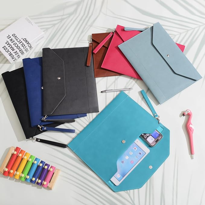 Wonderpool Envelope Case A4 PU Leather File Jacket Pocket Folder Document Case Bag with Removable Hand Strap and 4 Pocket for Documents Tablet Phone Stationery (Dark Gray)
