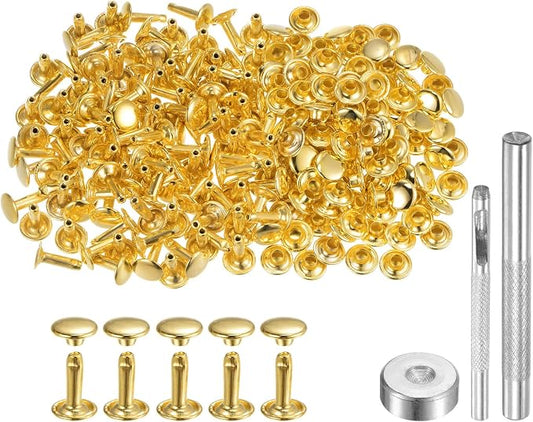HARFINGTON 100 Sets Leather Rivets 12 x 9mm Metal Double Cap Rivet Snaps Studs Fasteners with 3pcs Setting Tools Rivets for Leather Craft DIY Repair Decoration, Gold Tone