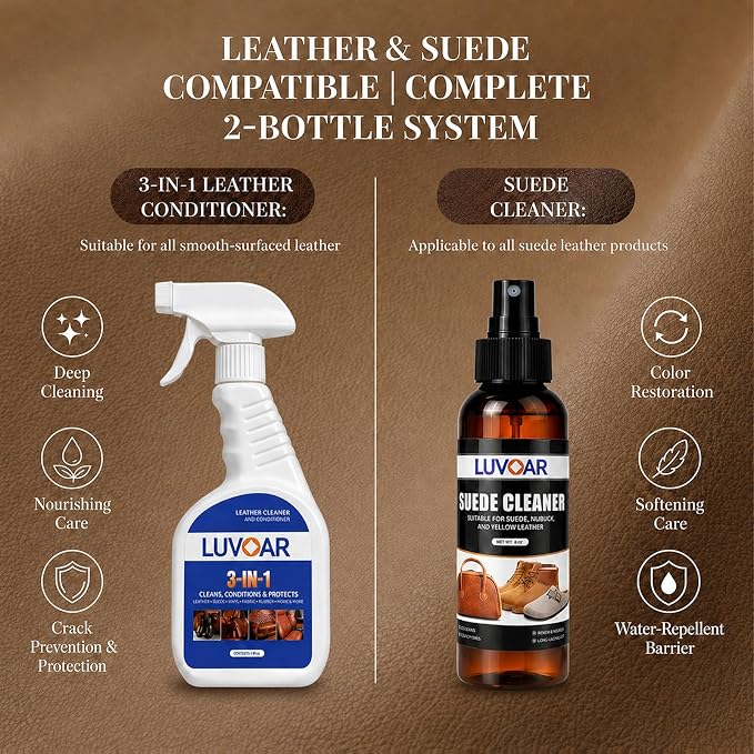 Leather Cleaner and Conditioner Kit - and More for Car Interiors, Apparel, Furniture, Boots & Accessories - with Microfiber Brush & Microfiber Cloth 2 Bottles (8 oz Each)