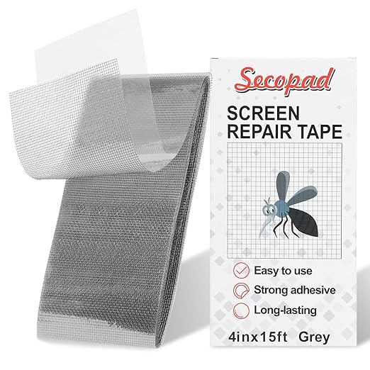 Secopad Grey Screen Repair Tape, 4" X 180" (15FT) Window Screen Door Repair Kit, Strong Adhesive Fiberglass Patch Tape Mesh