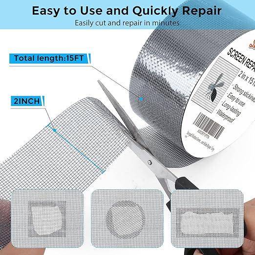 Secopad Grey Window Screen Repair Tape, 2IN X 15FT (180IN) Screen Repair Kit for Windows or Doors, Strong Adhesive Patch Kit Fiberglass Mesh Tape