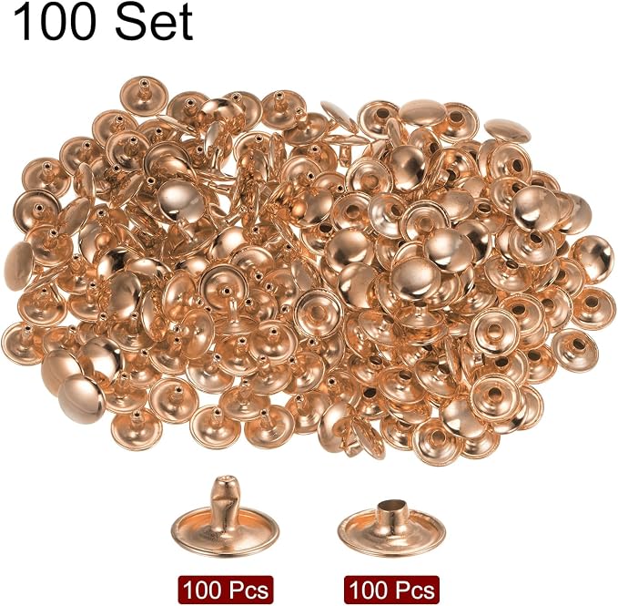 HARFINGTON 100 Sets Leather Rivets 8 x 12mm Metal Double Cap Rivet Snaps Studs Fasteners with 3pcs Setting Tools for Leather Craft DIY Repair Decoration, Light Gold Tone