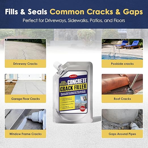 Self-Leveling Concrete Crack Filler – High Elasticity Waterproof Cement Sealant, 35.3oz Fast-Drying DIY Outdoor Concrete Joint Repair Seal Glue for Driveway, Sidewalk, Patio, Garage Floor - 2Pack Gray
