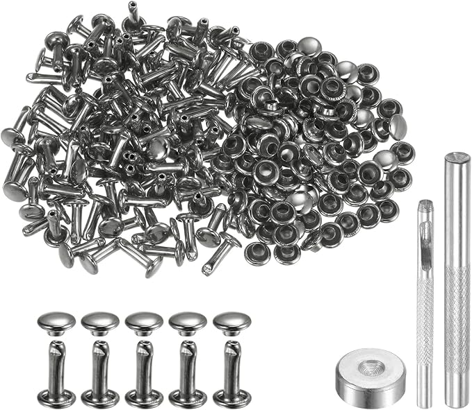 HARFINGTON 100 Sets Leather Rivets 10 x 6mm Metal Double Cap Rivet Snaps Studs Fasteners with 3pcs Setting Tools Rivets for Leather Craft DIY Repair Decoration, Gunmetal