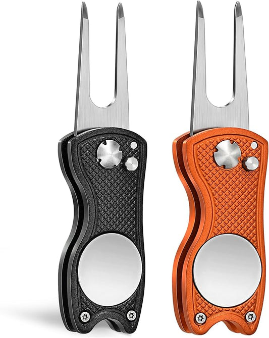 Mile High Life Golf Divot Repair Tool, All Metal Foldable Divot Tool with Pop-up Button & Magnetic Ball Marker, 2-6 Pack