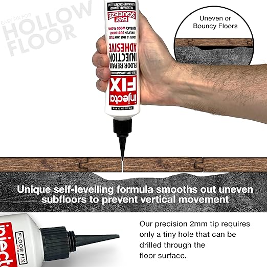 Floor-Fix Pro Eeasy Squeeze 10.1 Fl Oz - Extra Strength - Fix Loose & Hollow Tiles, Squeaky Wood & Laminate - Includes Built in 5/64” Syringe Tip - Adjustable to 5/64. No Sealant Gun Required (6)