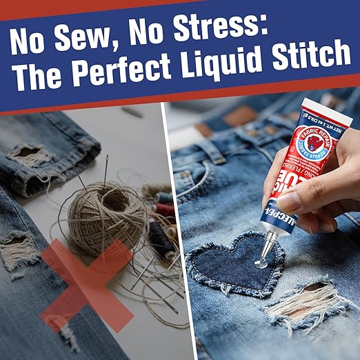 ALECPEA Permanent Fabric Glue Washable, 2-Pack Liquid Stitch for Clothing, Professional Gel Adhesive for Patches, Rhinestones & DIY Crafts, Includes 2 Clips & 1 Stirring Stick, 29.5g x 2