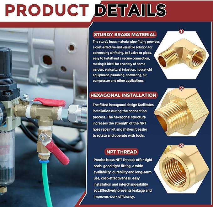 Pack of 2, 90 Degree 1/4 in FNPT to 1/4 in MNPT Solid Brass Barstock Street Elbow, Forged Pipe Fittings for Pipe Leak Repair, Bathroom Remodeling, Air Compression, Refrigeration