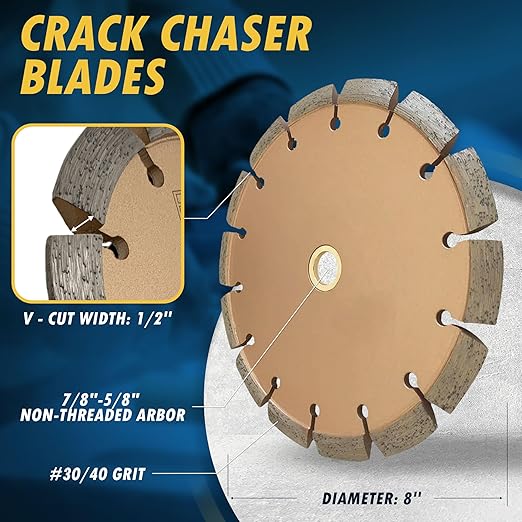 8" Crack Chaser Blade for Cured Concrete, Asphalt Repair or Joint Widen, 0.5" Width, 7/8"-5/8" Non-Threaded Arbor
