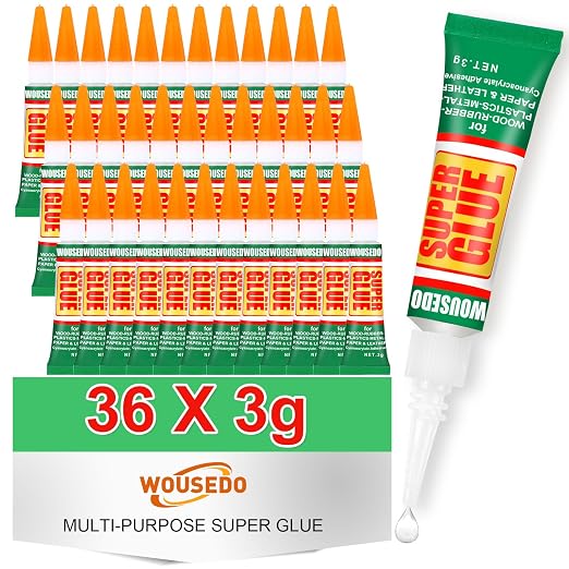 WOUSEDO 36 X 3g Super Glue Clear, Strong Adhesive,Super Glue Fast Drying Cyanoacrylate Glue for Wood,Rubber,Leather, Plastic, Metal, Rhinestone Jewelry, DIY Crafts and More