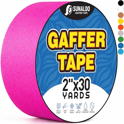 Gaffers Tape Heavy Duty, Easy to Rip, Residue-Free Professional Grade Floor Tape for Electrical Cords, Matte Finish Non Reflective, Weather Resistant (1, Pink, 2" x 30 Yards)