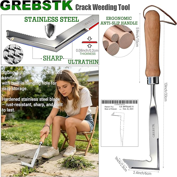 GREBSTK Crack Weeder Crevice Weeding Tool Manual Weeder Beech Handle Lawn Yard Gardening Tool