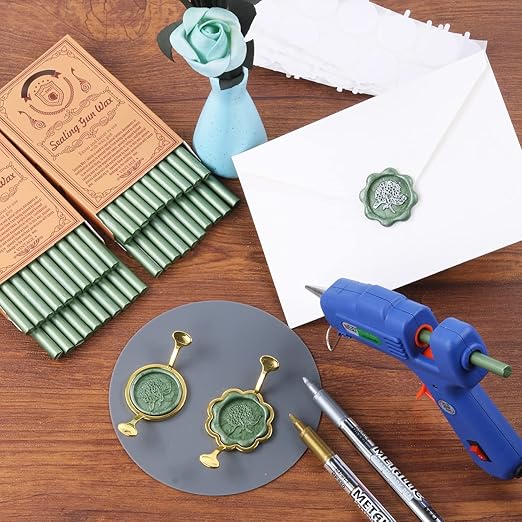 Wax Seal Kit, WASOHLING 40Pcs Pine Green Sealing Wax Sticks with Glue Gun, Wax Seal Molds, Silicone Waxing Mat, Marker Pens, Premium Kit for Wedding Invitations Envelopes Cards (Pine Green)