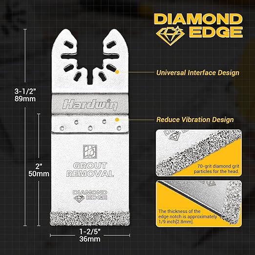 5-Pack Diamond Oscillating Multi Tool Blades, Universal Fit Diamond Grit Saw Blades for Grout Removal, Mortar Cleaning and Soft Tile Cut, Flush Cutting Multi-Tool Accessories, 1-2/5"