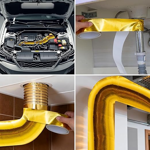 Aluminum Foil Tape, 2in x 15FT Fiberglass Heat Shield Tape, Golden Self-Adhesive Heat ReflectiveTape, Exhaust Heat Resistant Tape, for Hose and Auto Use