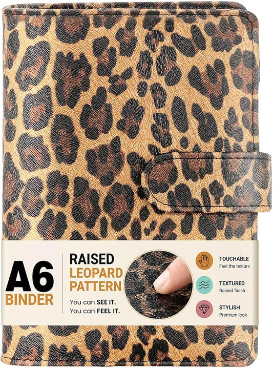 Convend A6/A5 Refillable 6 Ring Faux Leather Budget Binder,Mini Notebook Binder Cover for A6 Filler Paper,Loose Leaf Personal Planner Cover with Magnetic Buckle Closure (Leopard)