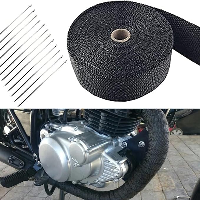 Deecam Exhaust Wrap, Black Exhaust Header Heat Wrap, 2'' x 50' Motorcycle High Temp Heat Shield Tape Roll for Exhaust Pipes with 12 Stainless Steel Ties