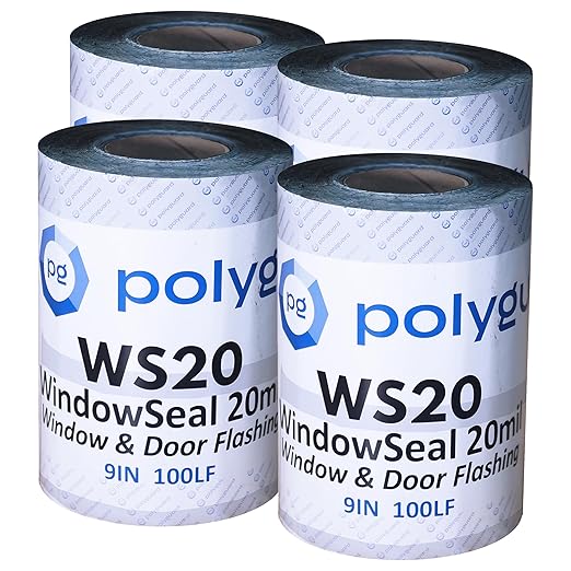POLYGUARD WindowSeal Window and Door Flashing Tape, 9 in x 100 ft Roll, 20 mil Thick, Self-Sealing & Self-Adhering Waterproof Barrier, Pack of 4