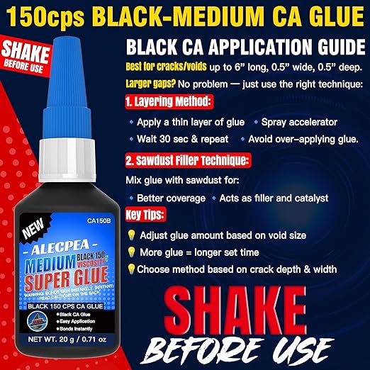 20g Black Medium CA Glue (150 CPS), Premium Cyanoacrylate Super Glue for Wood, Glass, Metal, Paper, Leather, Plastic, Ceramic, Rubber, Jewelry, Woodworking, Hobby Models, and Craft Project
