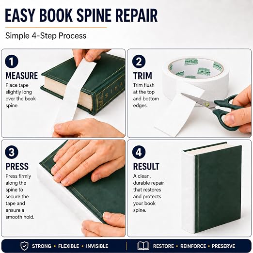 BookGuard White Book Repair Tape, 2 Inch x 15 Yard Archival Safe Cloth Book Binding Tape for Spine, Hinge and Cover Repair, Self-Adhesive Bookbinding Tape for Libraries, Schools and Bibles