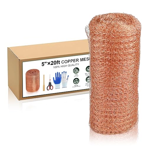 Copper Mesh Roll – 5 in x 20 ft Rodent & Pest Control Hole Filler for Gaps and Cracks – Gloves & Tools Included