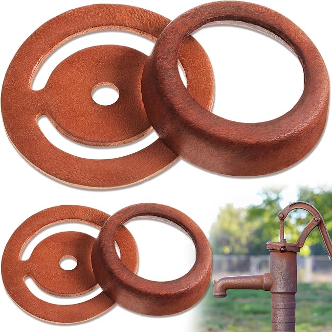 Pushglossy 2 Sets Leather Pitcher Pump Repair Kit Include 2 Pcs 3 1/2 Incehs Lower Valve Leather 2 Pcs 3'' x 2'' Leather Cup Leather Lower Valve Leather Cup Pitcher Pump Well Kit for Spout Hand Press