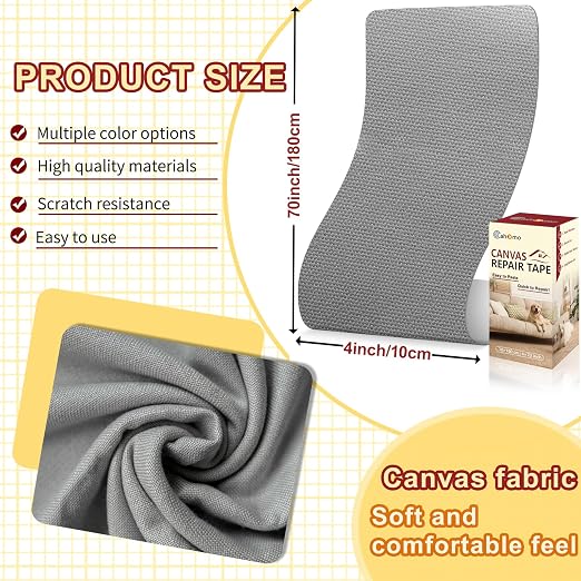 Cahomo Canvas Repair Tape 4x70 inch, Self Adhesive Canvas Fabric Tape, Canvas Fabric Patch Tape Kit, Fabric Repair Tape for Canvas Sofas, Headboards, Chairs, Curtains - Gray