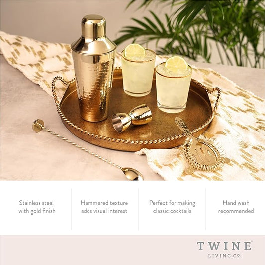 Twine 4-Piece Gold Hammered Cocktail Shaker Set Includes Cobbler Shaker, Strainer, Jigger, Bar Spoon for Classic Cocktails, Mixed Drinks, Cold Brew, Home Bar Tools, Bartender Kit, Bar Cart Accessories