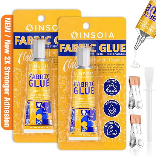 Fabric Glue Permanent, 29.5MLx2 Strong Washable Fabric Adhesive Dries Clear, Stitch Glue for Clothing Repair, Patches, Denim, Leather,Crafts,Rhinestones,Polyester,Upholstery,Clothes,Flannel & More