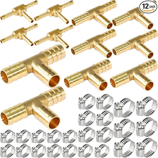 Brass Hose Tee Shaped 3 Way Barb Fitting 5/32" 3/16" 1/4" 5/16" 3/8" 1/2" Splicer Mender Assortment Kits with Stainless Steel Pipe Clamps air hose repair kit for Gas/Fuel/Air