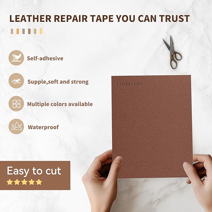 TIANLDD Leather Repair Tape,3.5 x 80 Inches Self Adhesive Leather Repair Patch，Leather Repair Kit for Furniture，Couches,Car Seats,Cabinets,Handbags(Light Brown-Fine Lines)